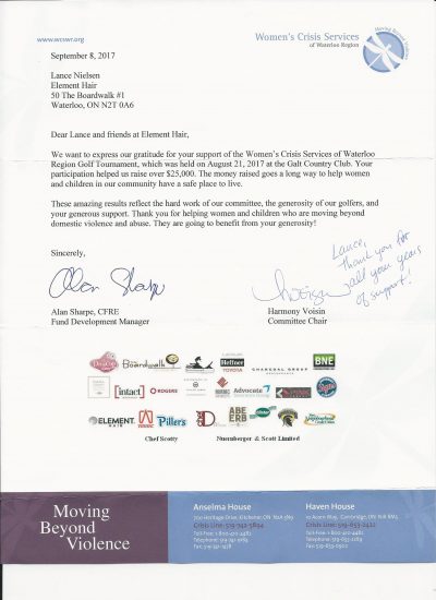 Women's Crisis Services Element Hair community fund raisers and support. Women's crisis services of Waterloo Region.